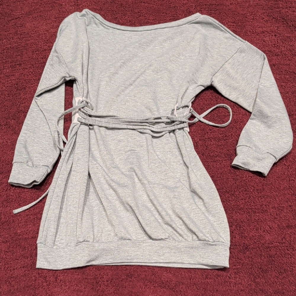 Gray Off-Shoulder Dress with Waist Tie
